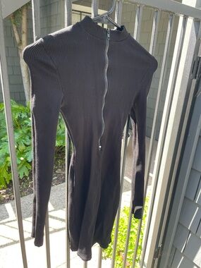 Fashion Nova Black Ribbed Zip-Front Bodycon Dress